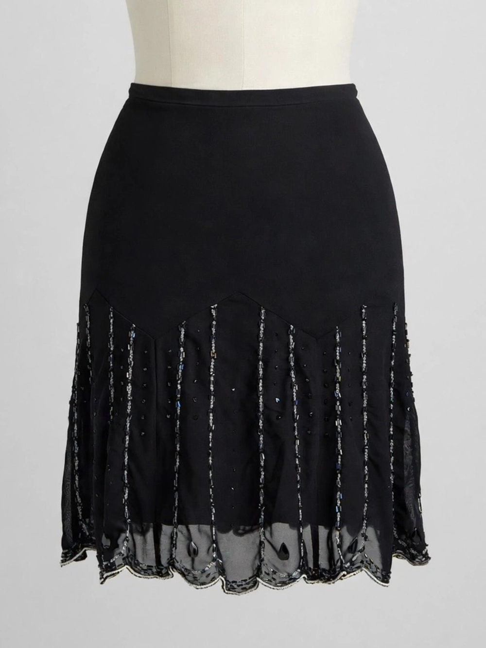 VTG Express Black Mesh A-Line Knee Length Skirt Beaded Hem Lined Zip Size 2